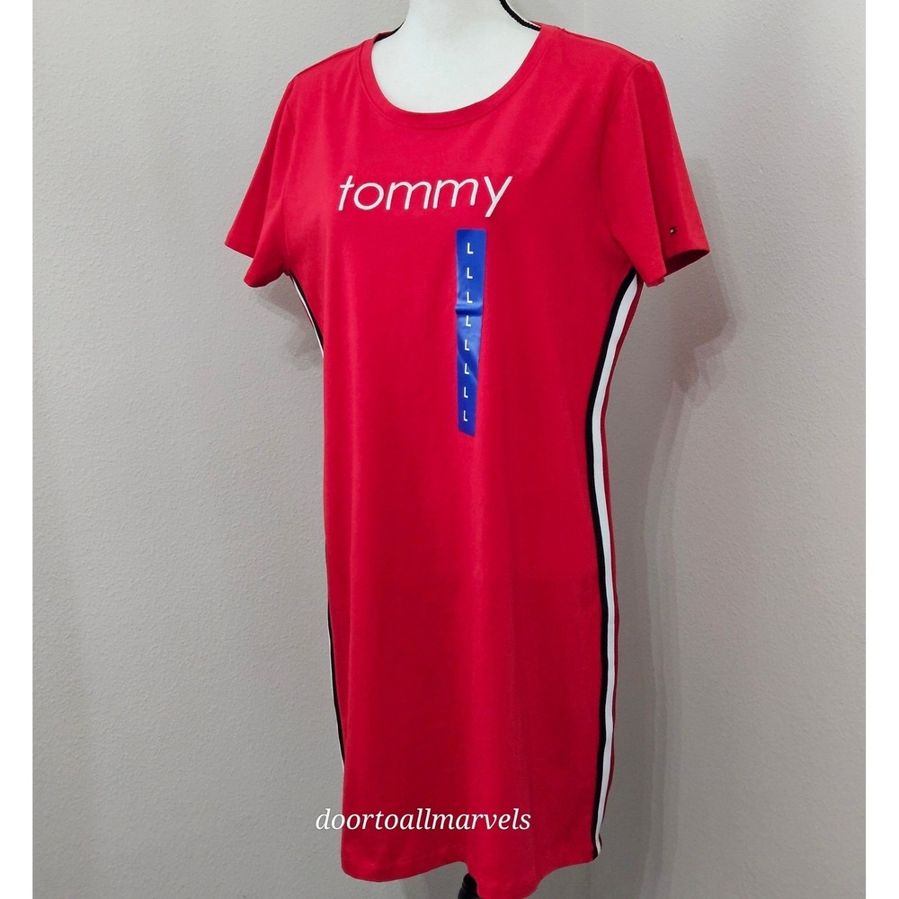 Tommy Hilfiger Scarlet T-shirt Dress Short Sleeve Embroidered Logo sz L NWT